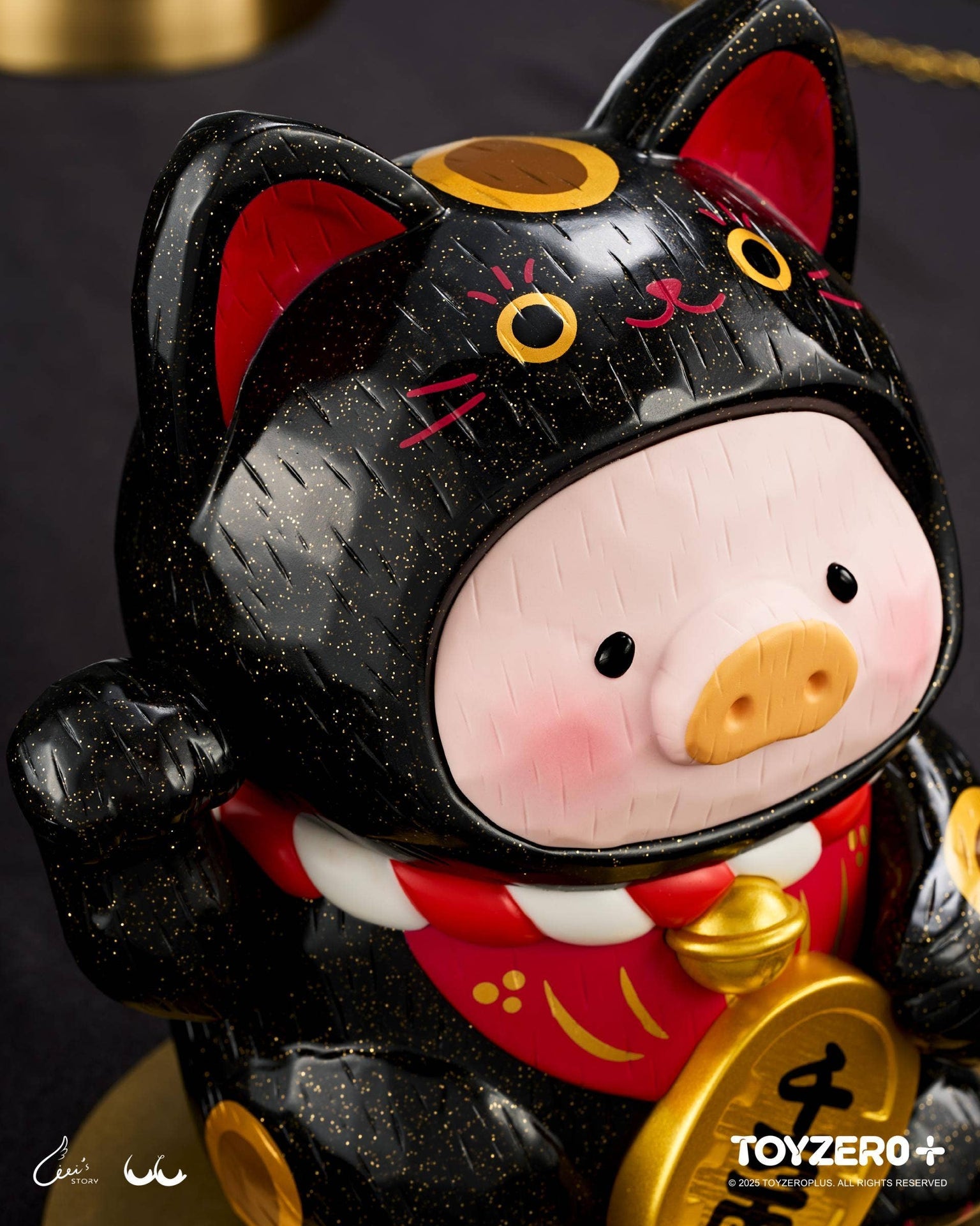 LuLu le Cochonnet - Maneki Lu (chat noir) — sculpture en bois 18cm