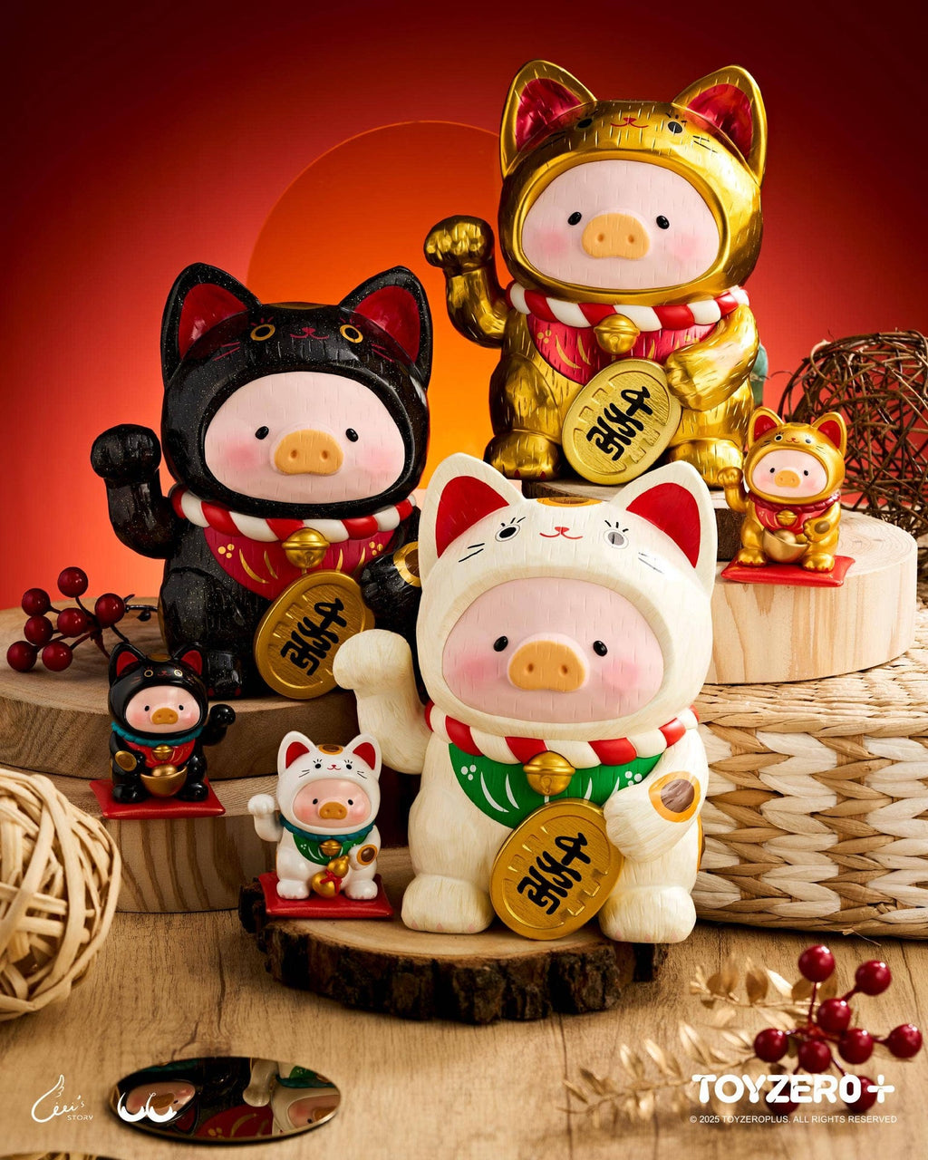LuLu le Cochonnet - Maneki Lu (chat noir) — sculpture en bois 18cm