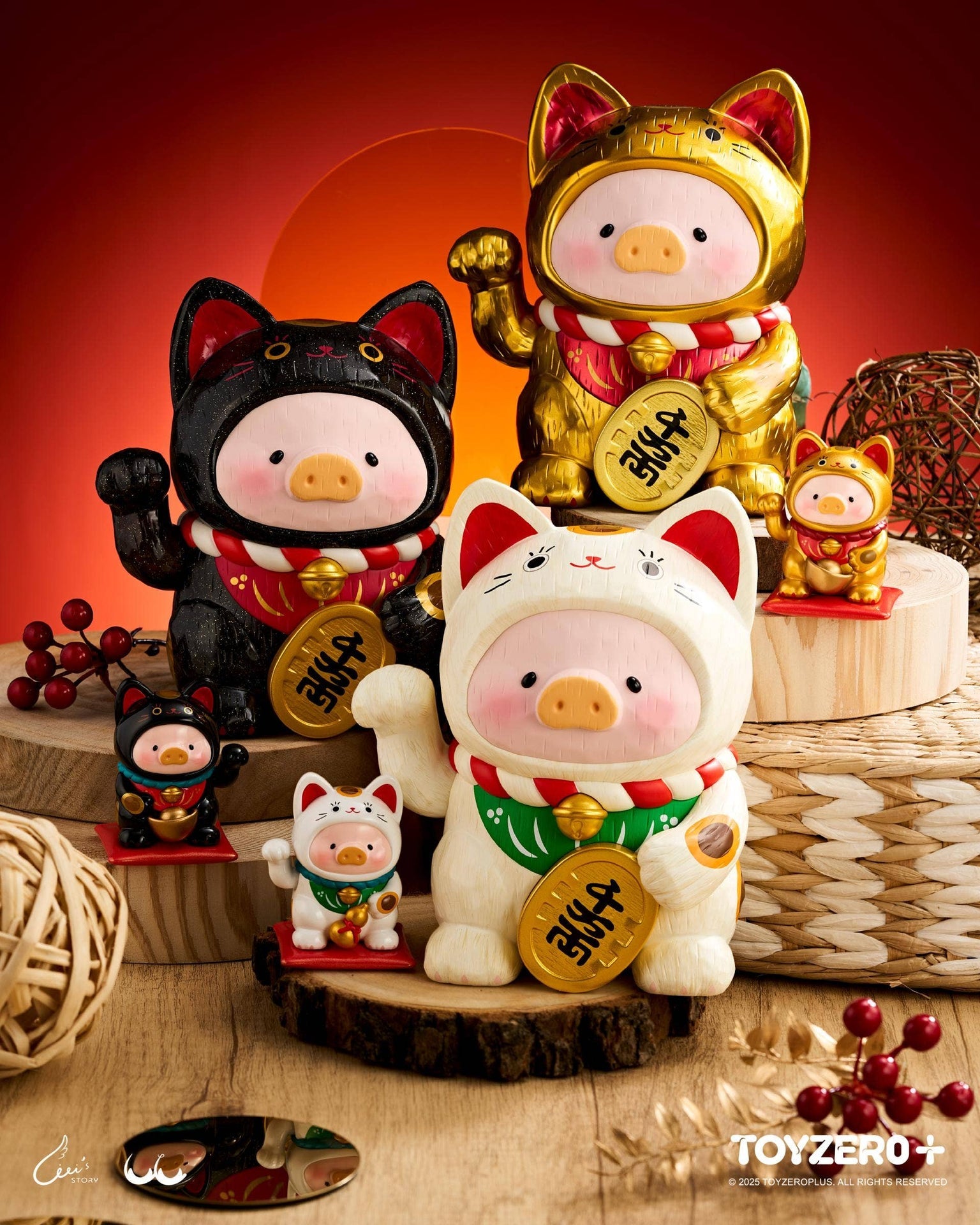 LuLu le Cochonnet - Maneki Lu (chat doré) — sculpture en bois 18cm