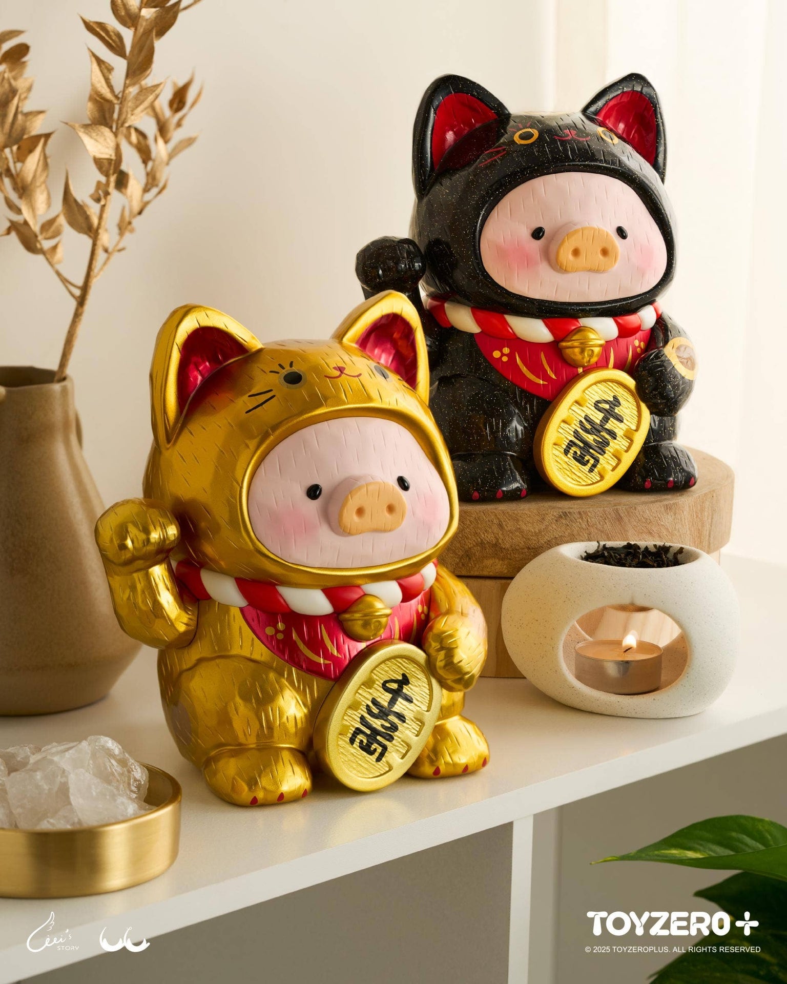 LuLu le Cochonnet - Maneki Lu (chat noir) — sculpture en bois 18cm