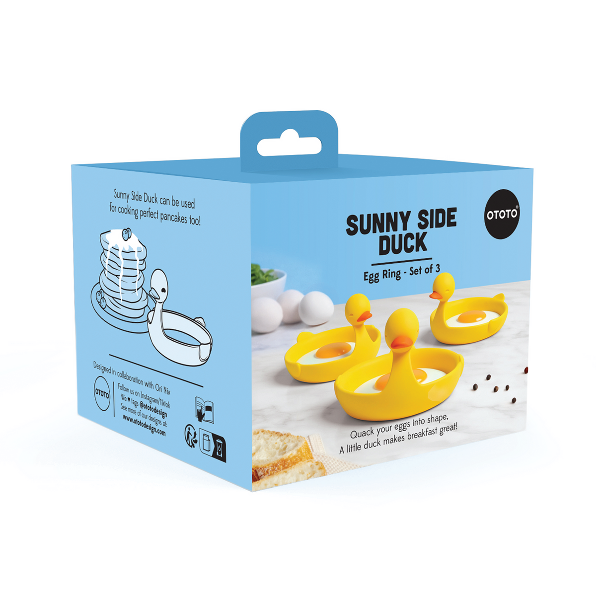 Blue box packaging for Sunny Side Duck, with three yellow duck-shaped egg ring holders.