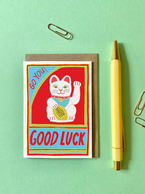 Petite Carte de vœux Chat Chanceux "Good Luck"