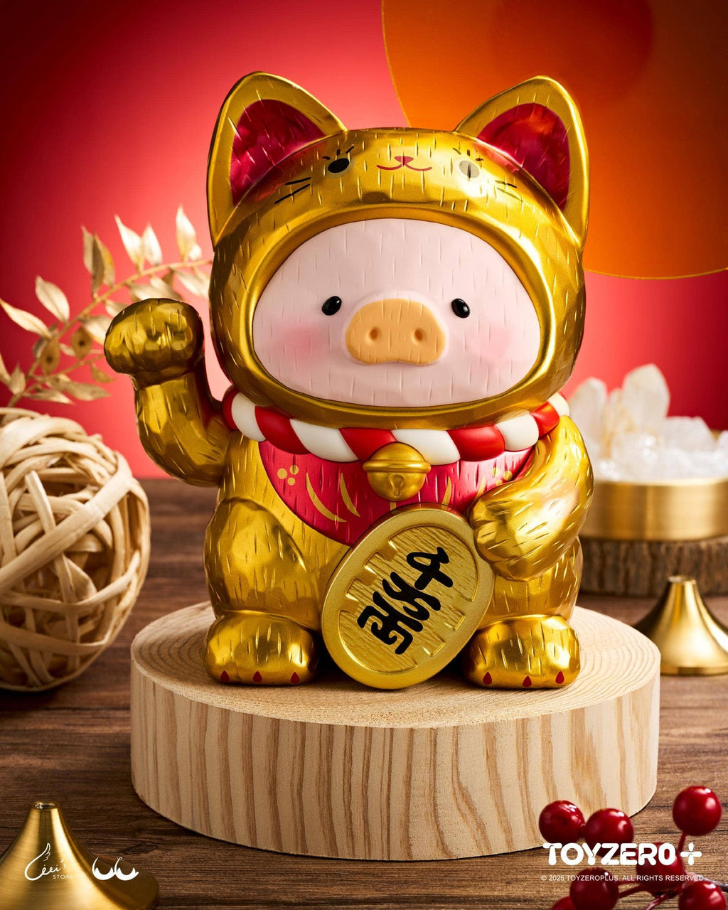 LuLu le Cochonnet - Maneki Lu (chat doré) — sculpture en bois 18cm