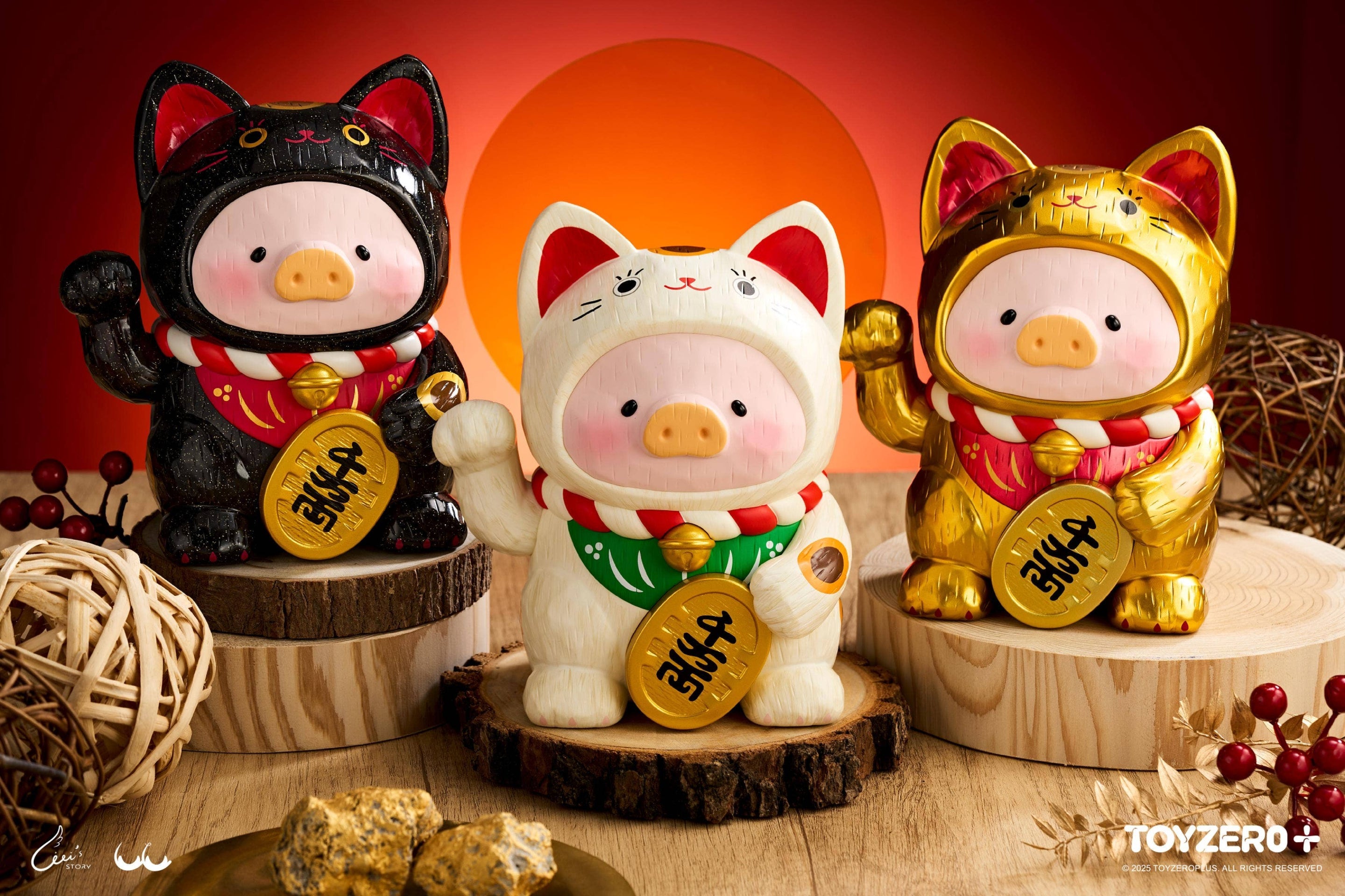 LuLu le Cochonnet - Maneki Lu (chat doré) — sculpture en bois 18cm