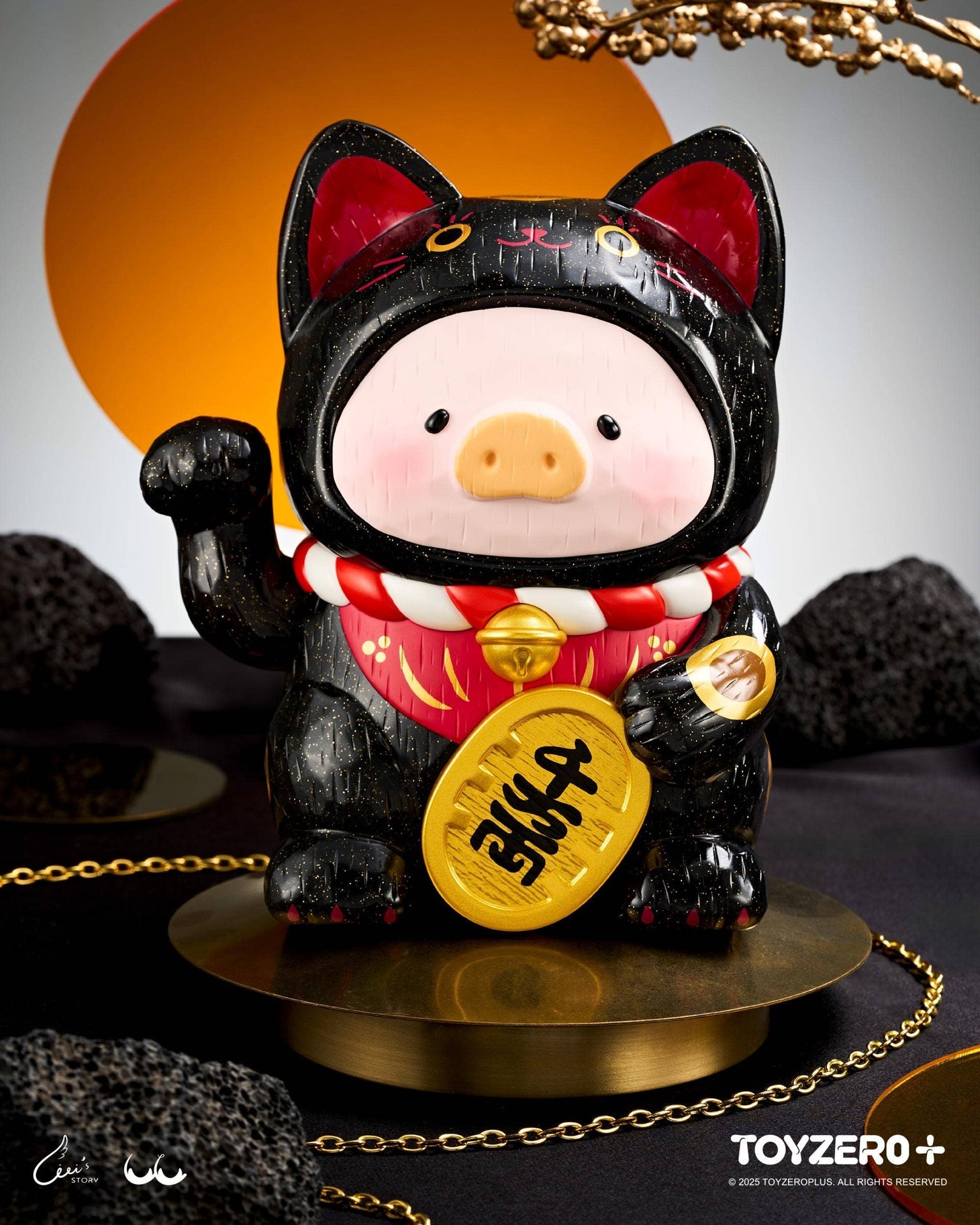 LuLu le Cochonnet - Maneki Lu (chat noir) — sculpture en bois 18cm